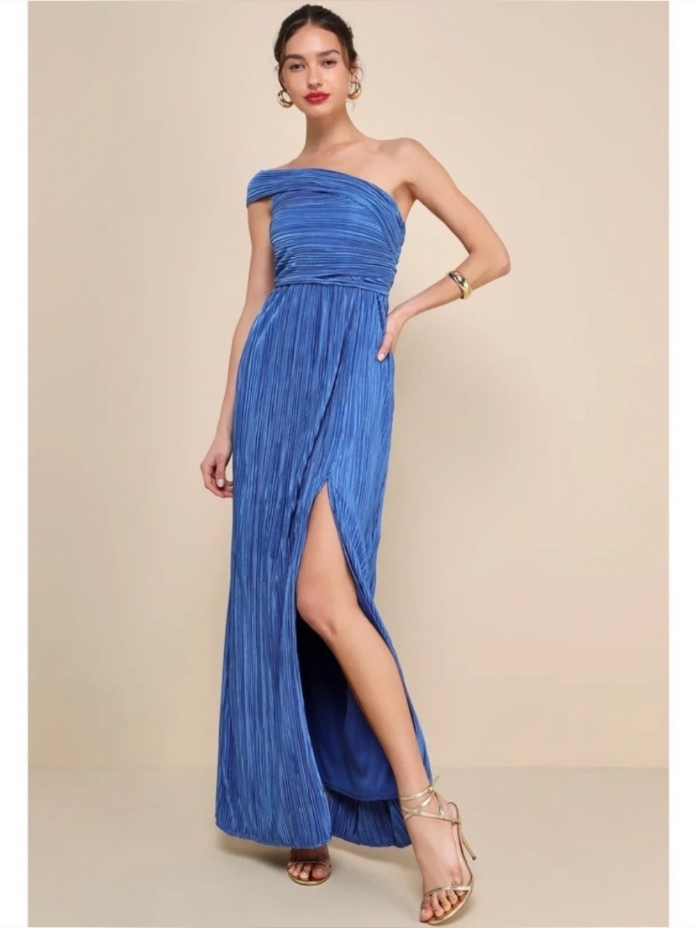 Lulus Poised Performance Blue Plisse One Shoulder Maxi Dress NWT XS Prom